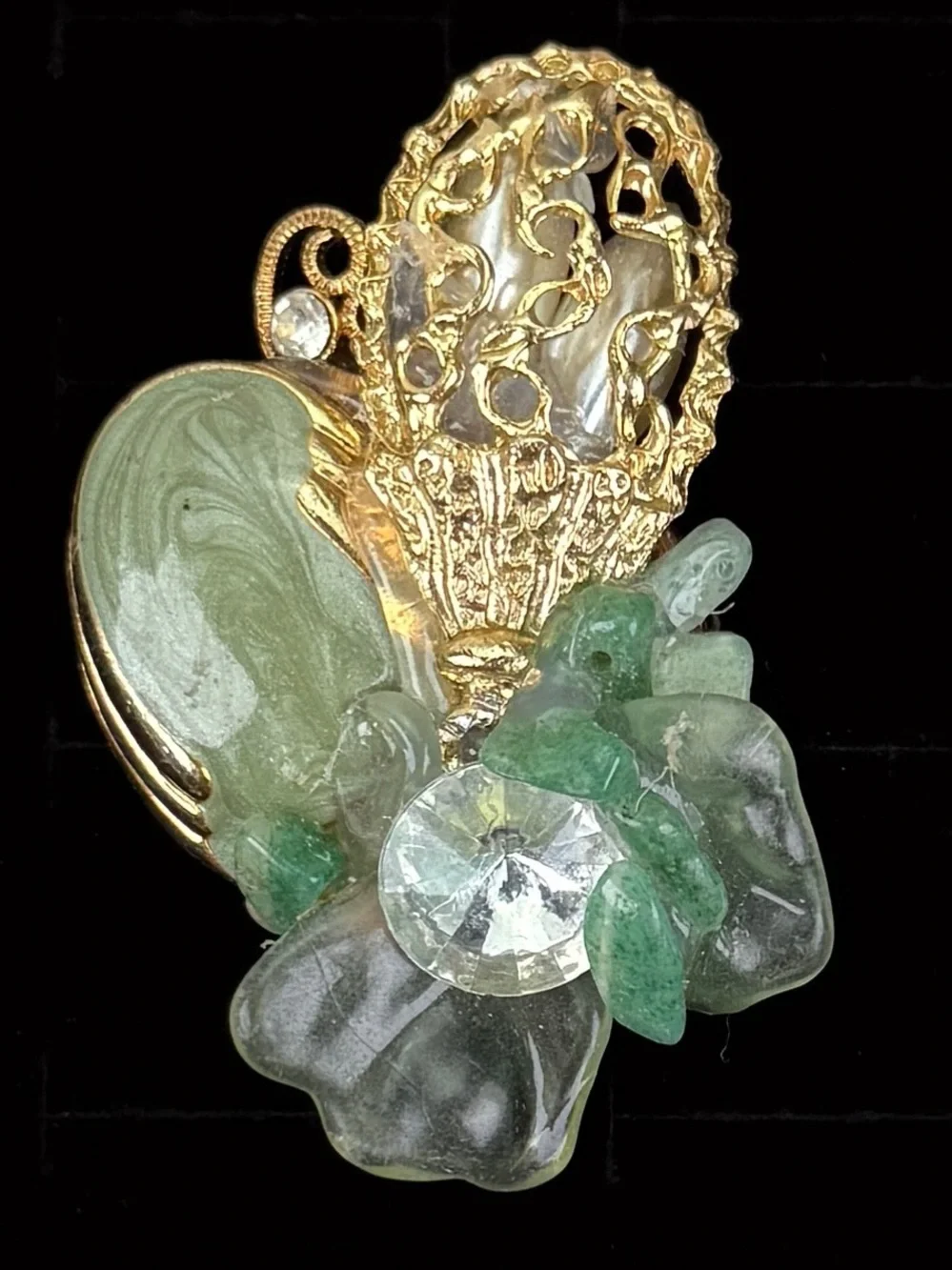 One of a Kind Vintage Green Cluster Basket Brooch Gold Tone Statement Pin